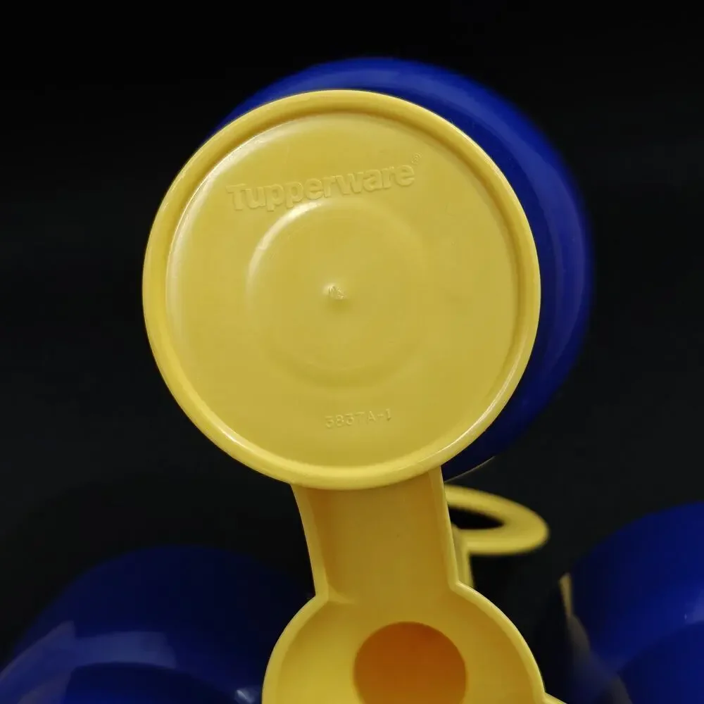 Vintage Tupperware Condiment Caddy Set Cups Spoons Lids Complete Yellow Blue NEW
